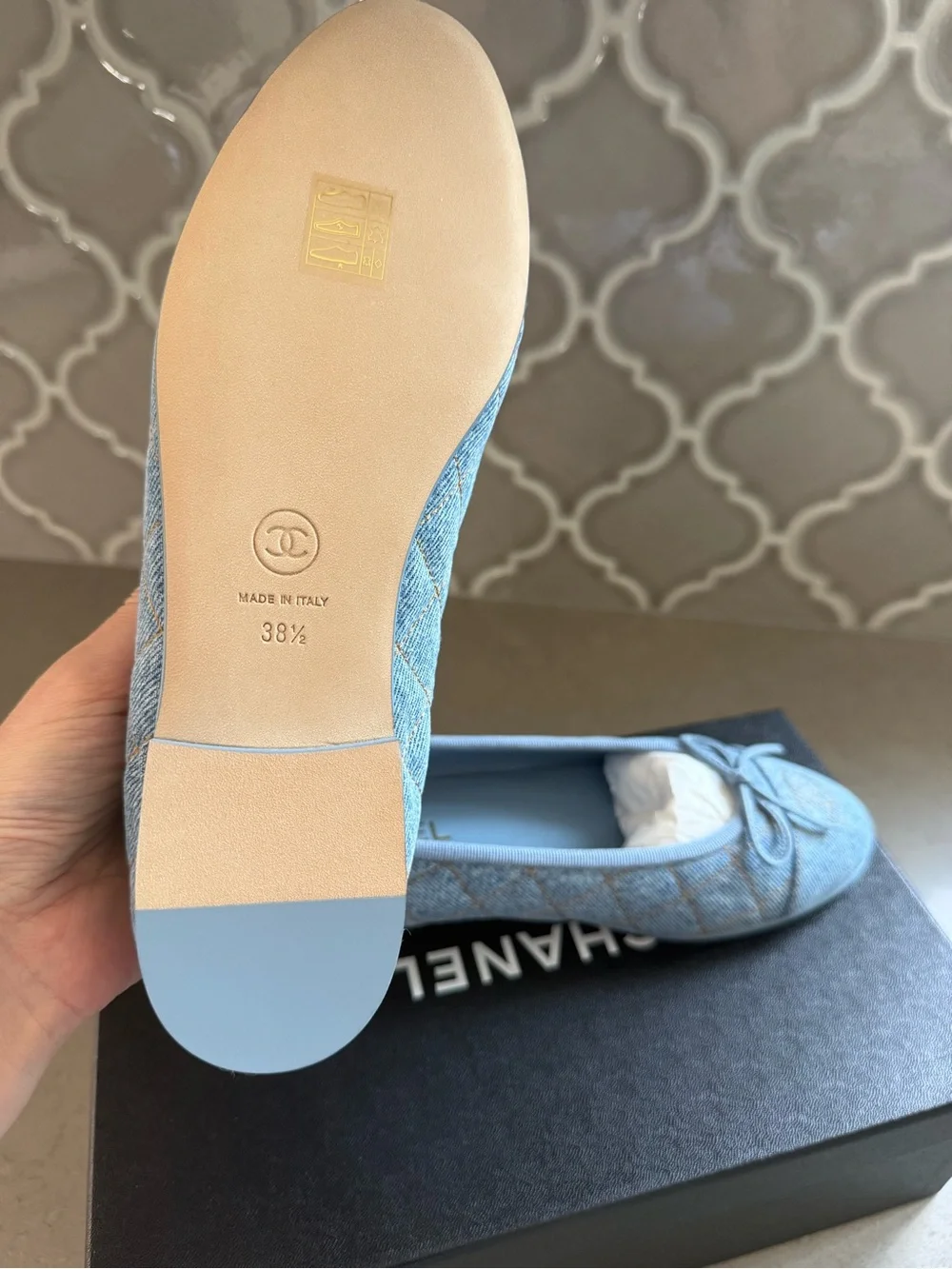 BNWT Chanel 26B Denim Light Blue Quilted Ballet Flat, Size 38.5